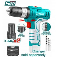 Аккумуляторная дрель-шуруповерт 20Нм, Li-ion 12V,1.5Ah (кейс, 2 аккумулятора, 1шт. Cr-V65мм) TOTAL